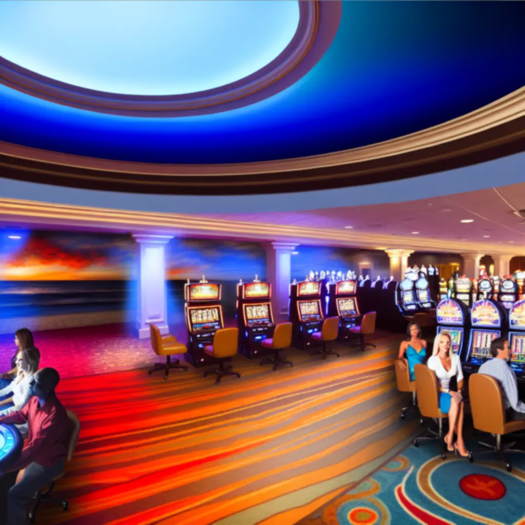 Lśniąca strefa gier z automatami i stołami w słonecznym, żywym wnętrzu