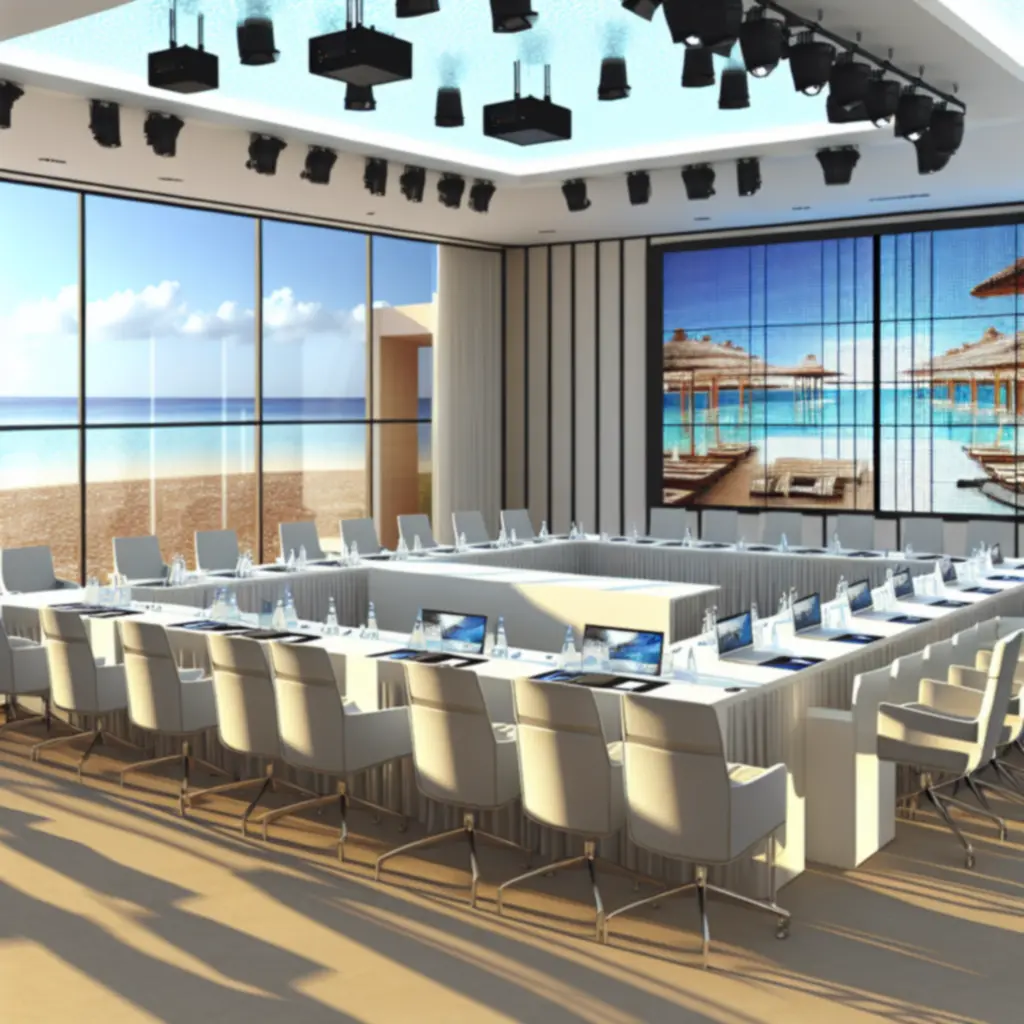 Nowoczesna sala konferencyjna z ustawieniem teatralnym i ekranem LED