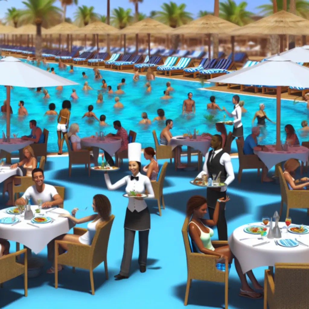 Posiłek serwowany przy błękitnym basenie na słonecznym tarasie