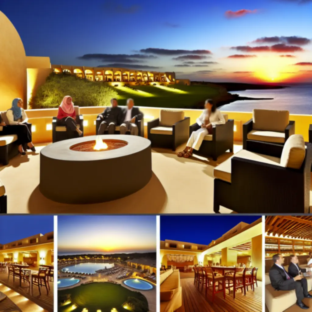 Tarasy z widokiem, siedziskami i paleniskami o zachodzie słońca